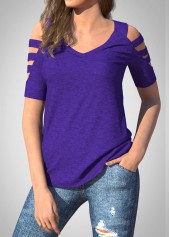 Purple tops,Plain Color tops,ROTITA V Neck SLadder Cutout Sleeve Solid T Shirt