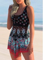 Multi Color swimwear,Tribal swimwear,ROTITA Asymmetric Hem Tribal Print Swimdress and Shorts