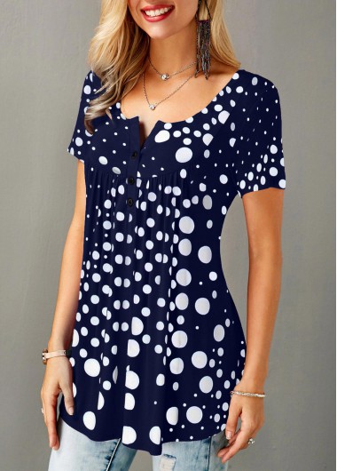Dot tops,ROTITA Patchwork Polka Dot Split Neck Short Sleeve Blouse