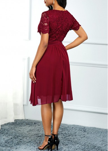Wine Red dresses,Plain Color dresses,ROTITA Short Sleeve Lace Panel High Waist Dress