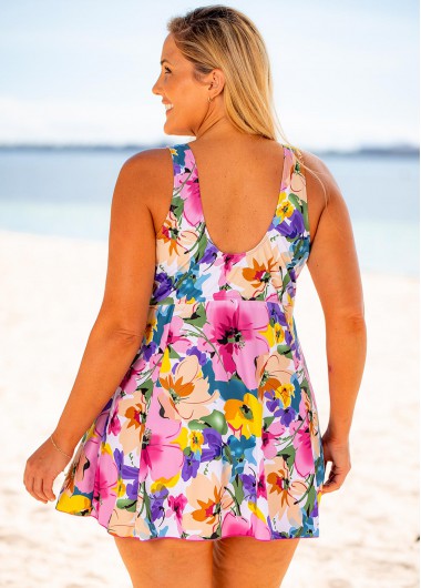 Hot Pink plus size,Floral plus size,ROTITA Floral Print Plus Size Bowknot Swimdress and Shorts