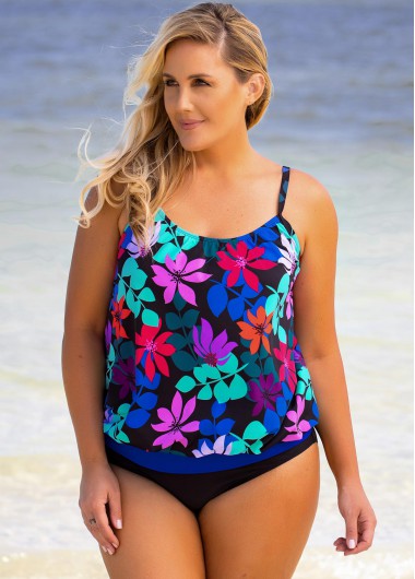 Multi Color plus size,Floral plus size,ROTITA Floral Print Plus Size Spaghetti Strap Tankini Top