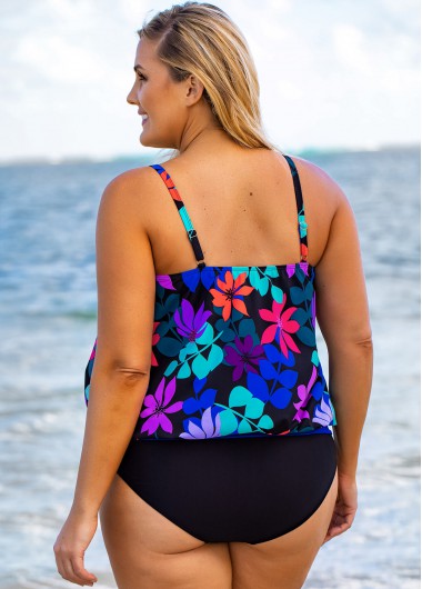 Multi Color plus size,Floral plus size,ROTITA Floral Print Plus Size Spaghetti Strap Tankini Top