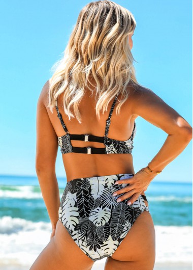 Multi Color swimwear,Plants swimwear,ROTITA High Waist Leaf Print Ladder Cutout Bikini Set 