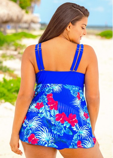 Blue plus size,Floral plus size,ROTITA Floral Print Plus Size Swimdress and Panty