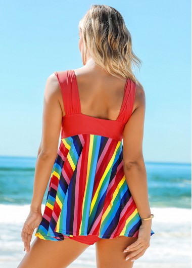 Multi Color swimwear,Rainbow Color swimwear,Striped swimwear,ROTITA Wide Strap Rainbow Stripe Mid Waist Swimdress and Shorts