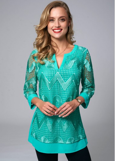 Green tops,Plain Color tops,ROTITA Embroidered 3/4 Sleeve Split Neck Blouse