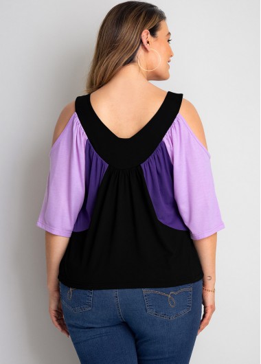 Multi Color plus size,Contrast Color plus size,ROTITA Contrast Plus Size Cold Shoulder T Shirt