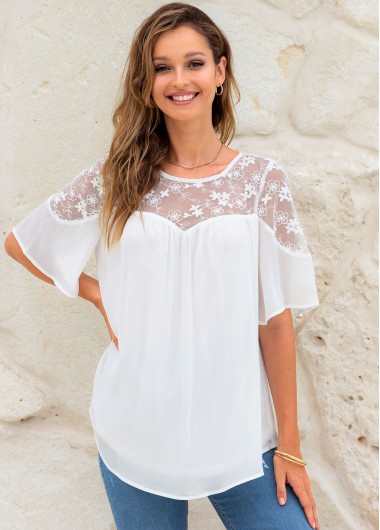 White tops,Plain Color tops,ROTITA Lace Stitching Short Sleeve Round Neck Blouse
