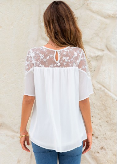 White tops,Plain Color tops,ROTITA Lace Stitching Short Sleeve Round Neck Blouse