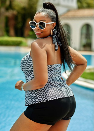 Black plus size,Geometric plus size,ROTITA Plus Size Lace Up High Waisted Geometric Tankini Set 