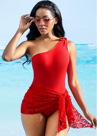 Coral swimwear,Plain Color swimwear,ROTITA Tie Front Lace Stitching One Piece Swimdress