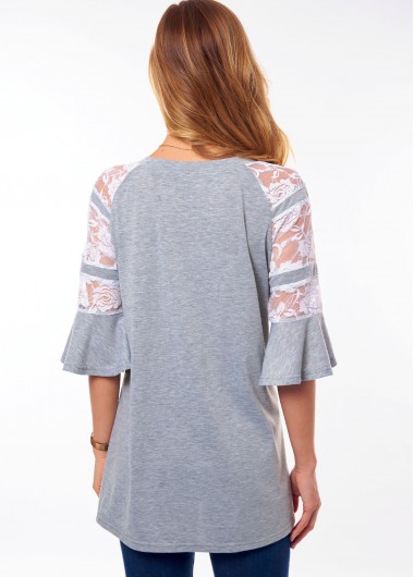 Grey tops,Contrast Color tops,ROTITA V Neck Lace Stitching Flare Sleeve T Shirt