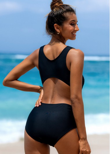 Black swimwear,Plain Color swimwear,ROTITA Cutout Back Fishnet Panel One Piece Swimwear