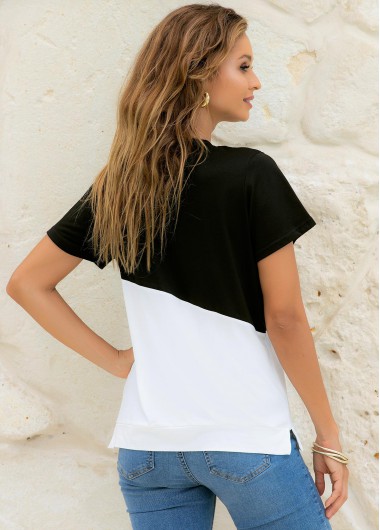 Black tops,Contrast Color tops,Short Sleeve Round Neck Contrast T Shirt