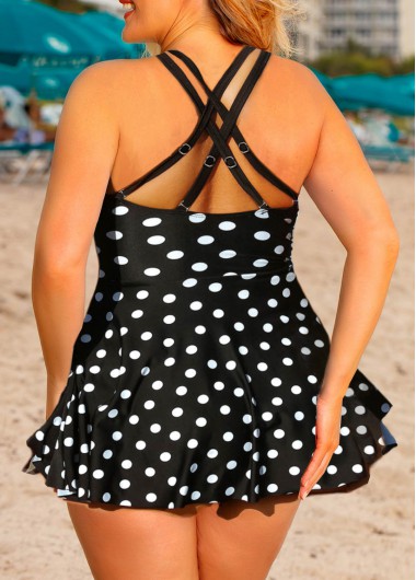 Black plus size,Dot plus size,ROTITA Plus Size Cross Strap Polka Dot Swimdress and Shorts