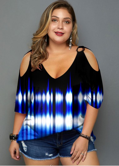 Blue plus size,Dazzle Colorful plus size,ROTITA Colorful Print Plus Size Cold Shoulder T Shirt