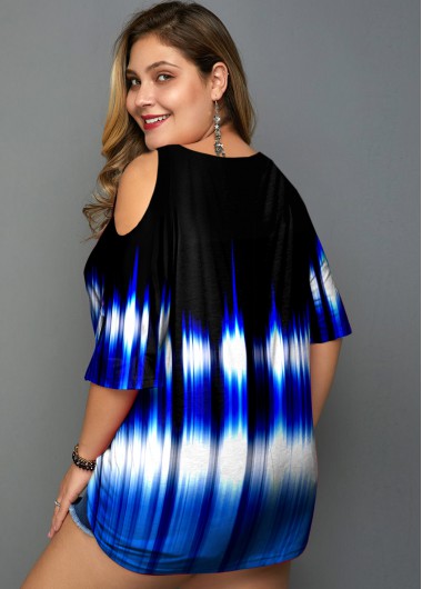 Blue plus size,Dazzle Colorful plus size,ROTITA Colorful Print Plus Size Cold Shoulder T Shirt