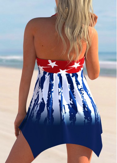 Navy swimwear,Flag swimwear,ROTITA Hanky Hem American Flag Print Swimdress and Panty