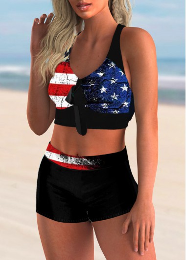 Black swimwear,Flag swimwear,High Waist American Flag Print Bowknot Bikini Set 