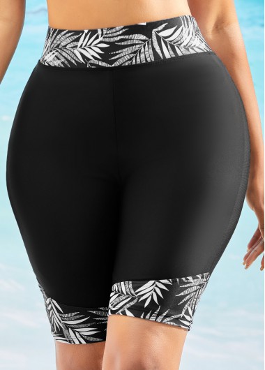 Black swimwear,Floral swimwear,High Waist Leaf Print Skinny Swim Shorts