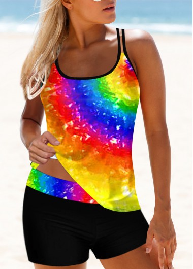 Multi Color swimwear,Dazzle Colorful swimwear,ROTITA Rainbow Color Spaghetti Strap Tankini Set