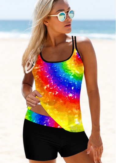 Multi Color swimwear,Dazzle Colorful swimwear,ROTITA Rainbow Color Spaghetti Strap Tankini Set
