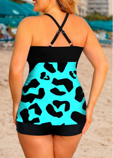 Blue plus size,Leopard plus size,ROTITA Leopard Plus Size Cross Strap Tankini Set
