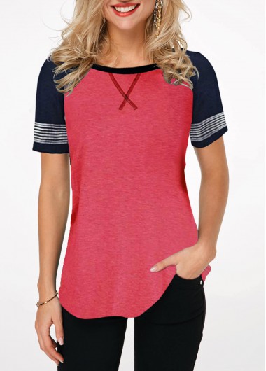 Red tops,Contrast Color tops,ROTITA Round Neck Contrast Short Sleeve T Shirt