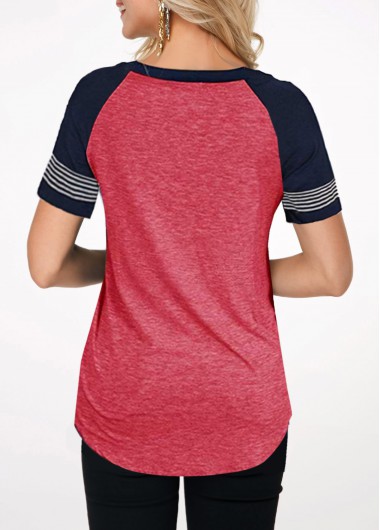 Red tops,Contrast Color tops,ROTITA Round Neck Contrast Short Sleeve T Shirt