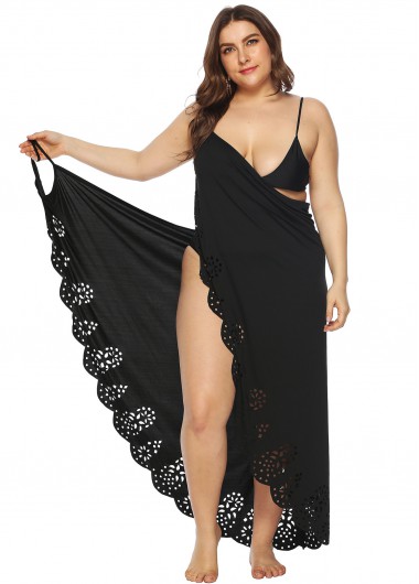 Black plus size,Plain Color plus size,Pierced Dettail Plus Size Spaghetti Strap Cover Up
