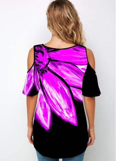 Dark Reddish Purple tops,Floral tops,ROTITA Cold Shoulder Round Neck Floral Print T Shirt