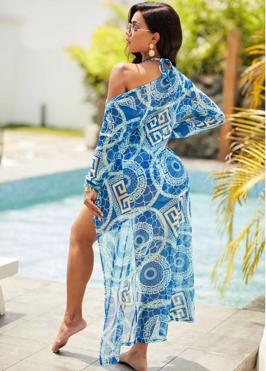 Blue swimwear,Floral swimwear,ROTITA Long Sleeve Blue Tribal Print Cover Up