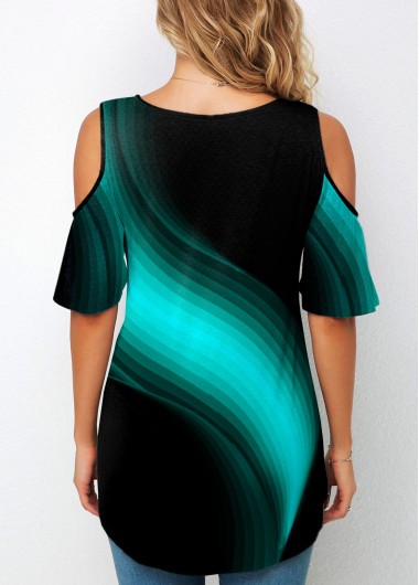Cyan tops,Floral tops,ROTITA Cold Shoulder Chevron Print Round Neck T Shirt