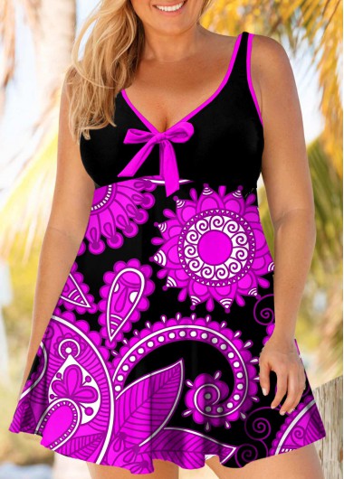 Purple plus size,Paisley plus size,ROTITA Bowknot Plus Size Paisley Print Swimdress and Panty