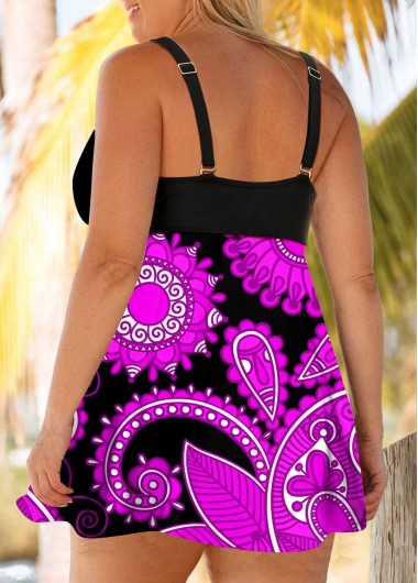 Purple plus size,Paisley plus size,ROTITA Bowknot Plus Size Paisley Print Swimdress and Panty
