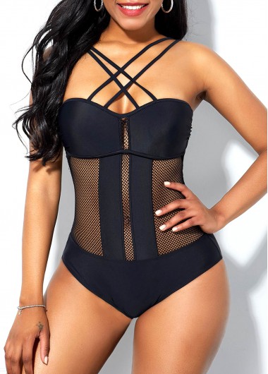 Black swimwear,Plain Color swimwear,Cross Strap Mesh Stitching Tie Back One Piece Swimwear