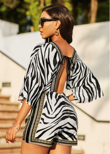 Multi Color jumpsuits & rompers,Animal Print jumpsuits & rompers,Deep V Neck Zebra Print 3/4 Sleeve Romper