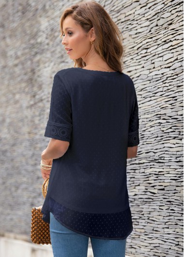 Navy tops,Plain Color tops,ROTITA Half Sleeve Split Neck Lace Panel Blouse