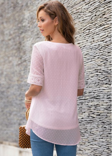 Pink tops,Plain Color tops,ROTITA Half Sleeve Split Neck Lace Panel Blouse