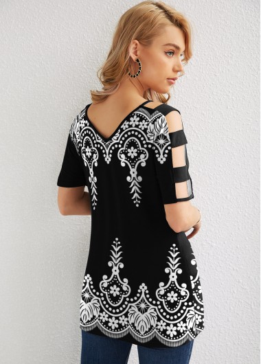 Black tops,Tribal tops,ROTITA Ladder Cutout Tribal Print V Back T Shirt