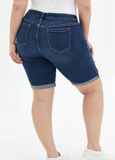 Denim Blue plus size,Plain Color plus size,ROTITA Shredded Plus Size Acid Washed Denim Shorts