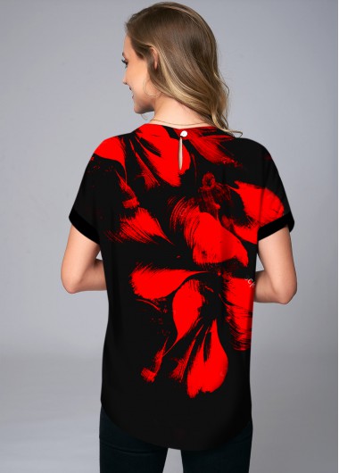 Red tops,Floral tops,ROTITA Round Neck Floral Print Short Sleeve T Shirt