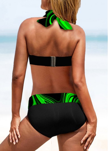 Green swimwear,Floral swimwear,ROTITA Mid Waist Printed Halter Bikini Set