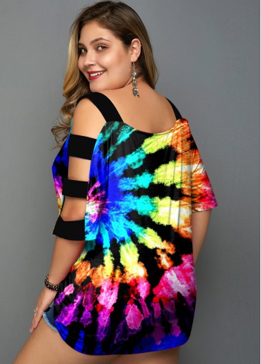 Multi Color tops,Tie Dye tops,ROTITA Ladder Cutout MultiColor Tie Dye Print T Shirt