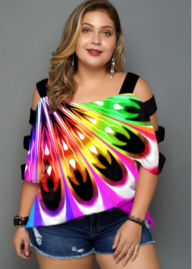 Multi Color plus size,Dazzle Colorful plus size,ROTITA Rainbow Color Plus Size Ladder Cutout T Shirt