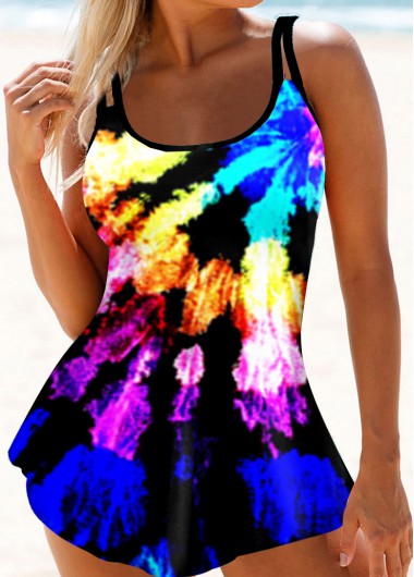 Multi Color swimwear,Tie Dye swimwear,ROTITA Rainbow Color Tie Dye Print Swimdress and Panty