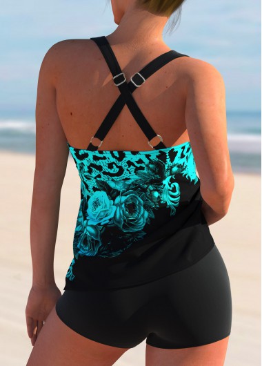 Cyan swimwear,Floral swimwear,ROTITA Cross Strap Floral Print Tankini Set