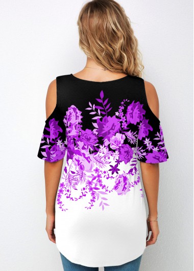 Multi Color tops,Floral tops,ROTITA Floral Print Cold Shoulder Round Neck T Shirt
