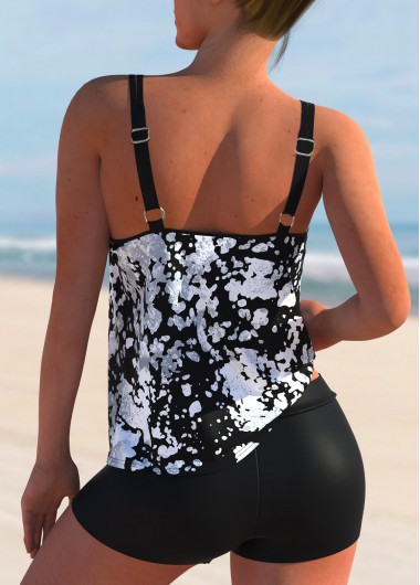 Multi Color swimwear,Floral swimwear,ROTITA Mid Waist Monochrome Texture Print Tankini Set 